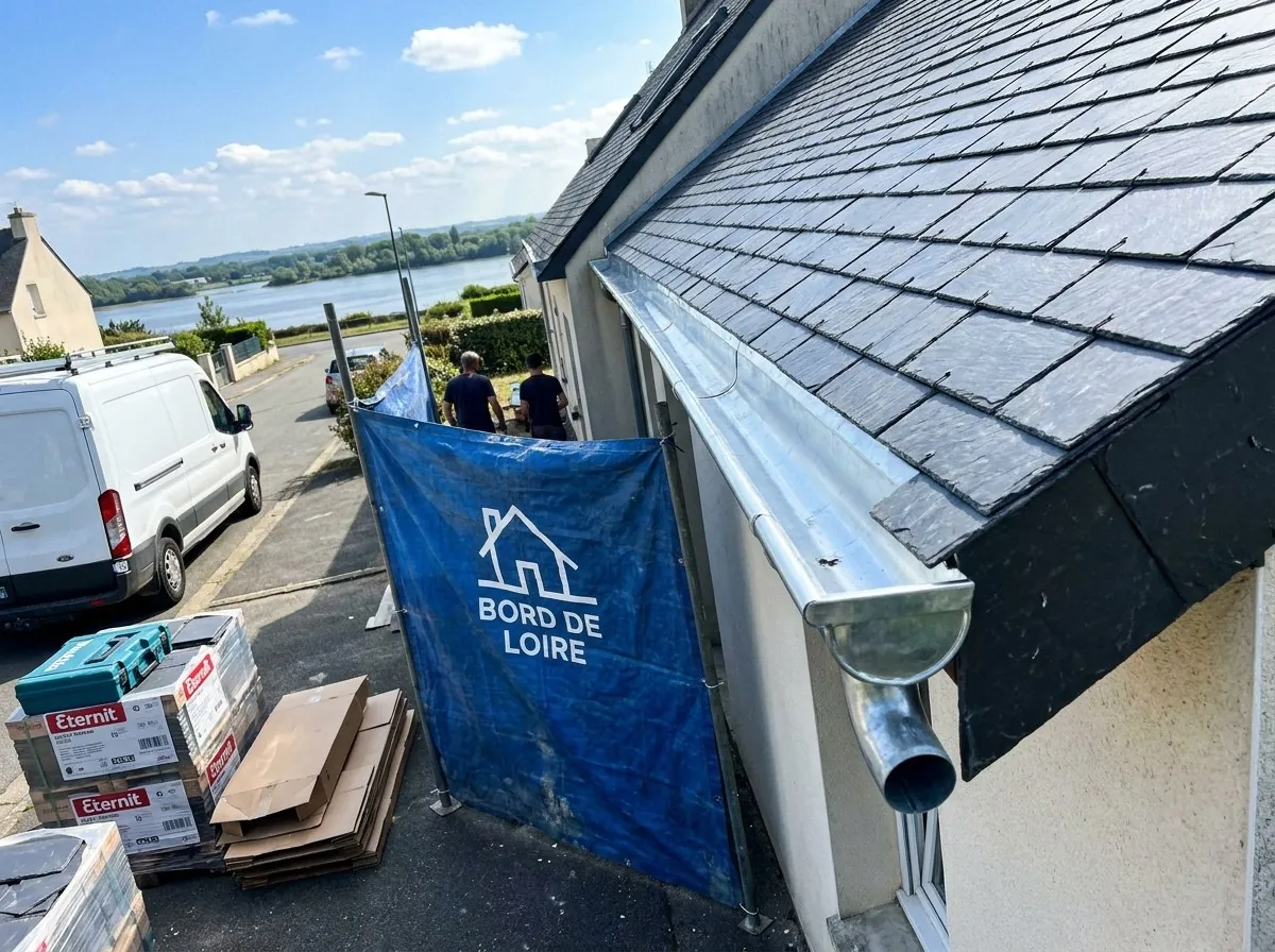 Bâche Bord de Loire Ardoises devant une maison en ardoise de Saint-Sébastien-sur-Loire, palettes d'ardoises livrées et Loire en contrebas
