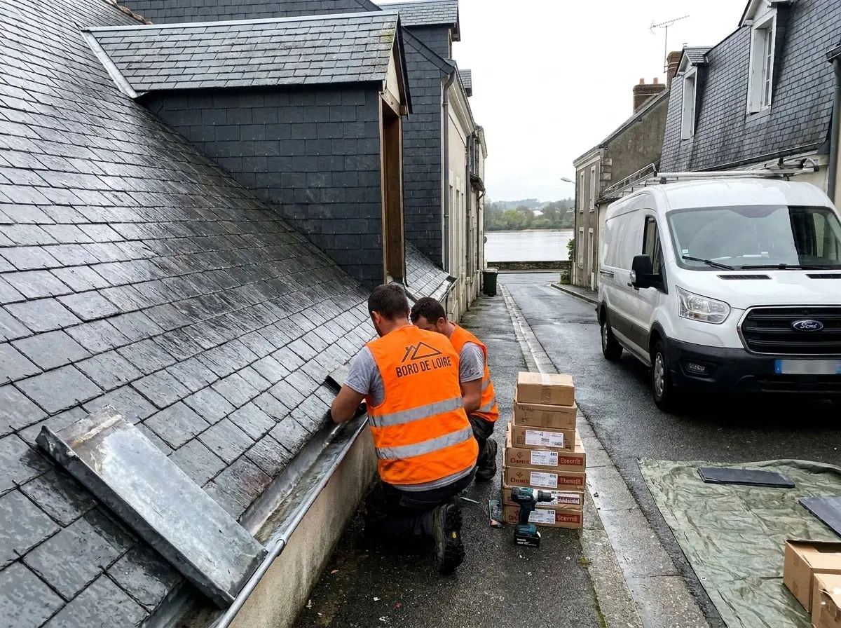 Couvreurs Bord de Loire Ardoises reprenant un chéneau en zinc au pied d'une toiture en ardoise à Saint-Sébastien-sur-Loire, la Loire au bout de la rue